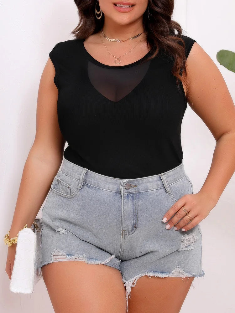GIBSIE Plus Size Women's Front Chest Elastic Mesh Splicing Tops Black Elegant Round Neck Sleeveless T-Shirt 2024 Summer New