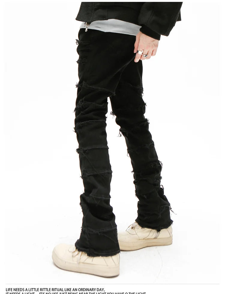 Heavy Industry Hole Frayed Destruction Waxed Jeans Mens High Street Retro Straight Ripped Pencil Pants Oversize Denim Trousers