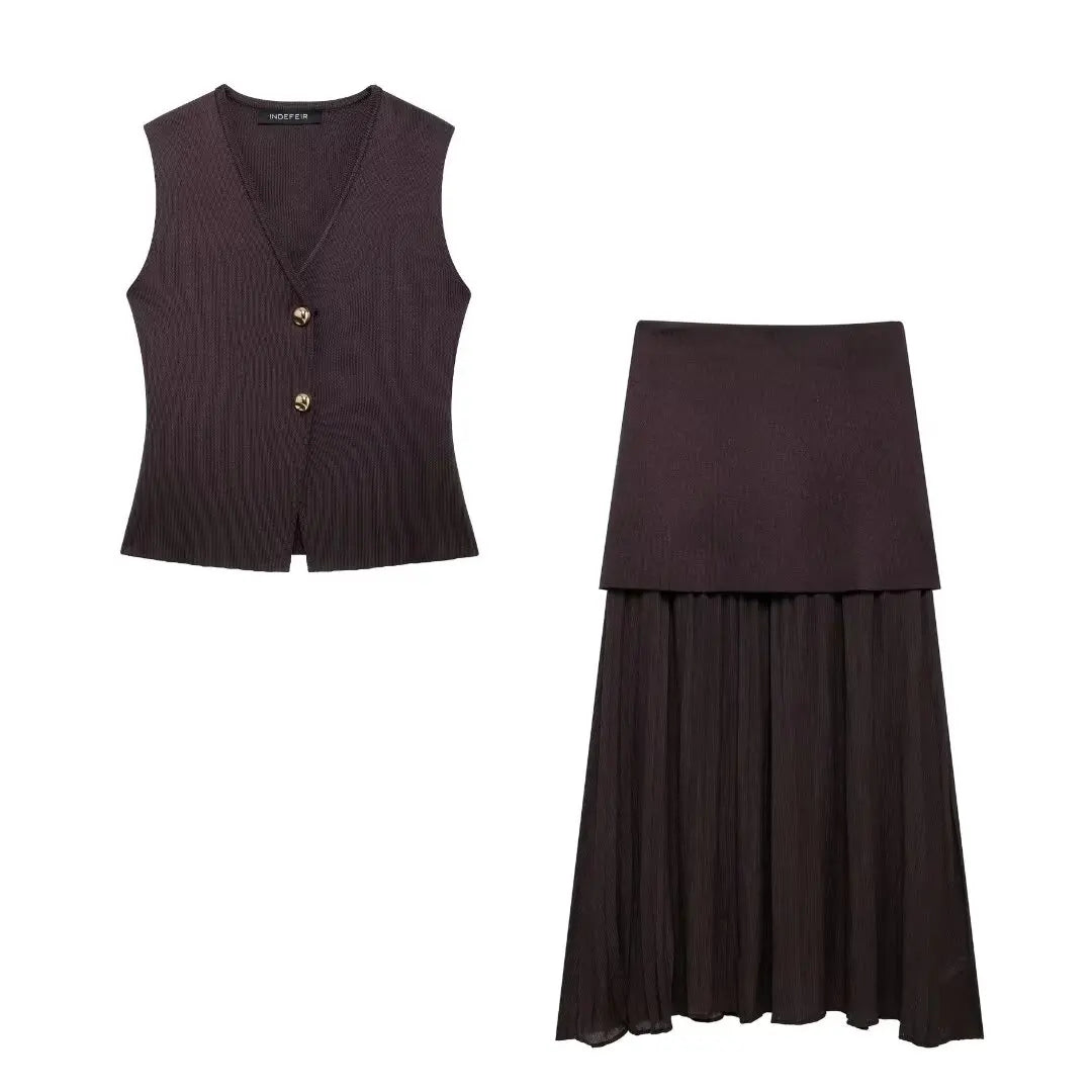 Women 2 Piece Set Knitted Vest High Waist Skirt