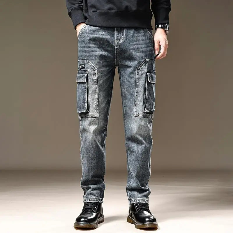 Jeans for Men Straight Male Cowboy Pants with Pockets Trousers Cargo Regular Aesthetic New in Stacked Korean Fashion Trend 2024