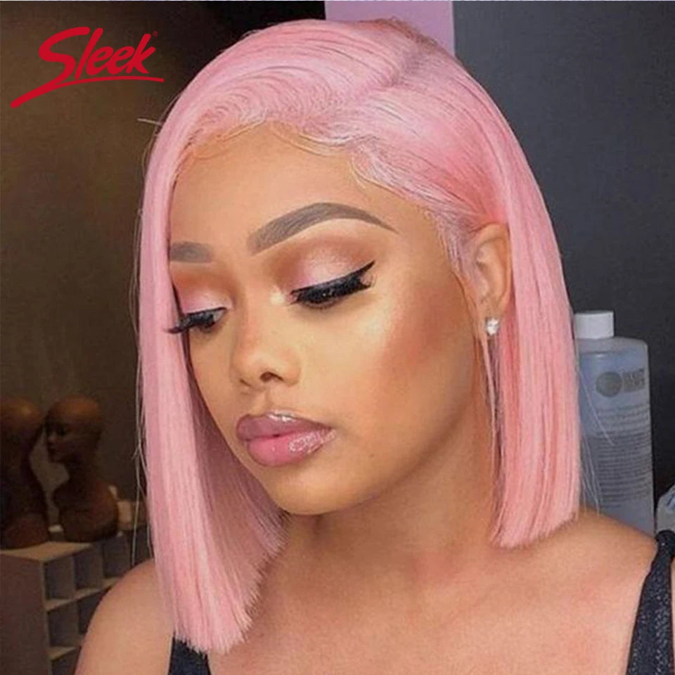 Sleek Pink Lace Front Short Bob Wigs Brazilian Ombre Black T4/Pink Human Hair Wigs 200% Density Natural Remy Human Hair