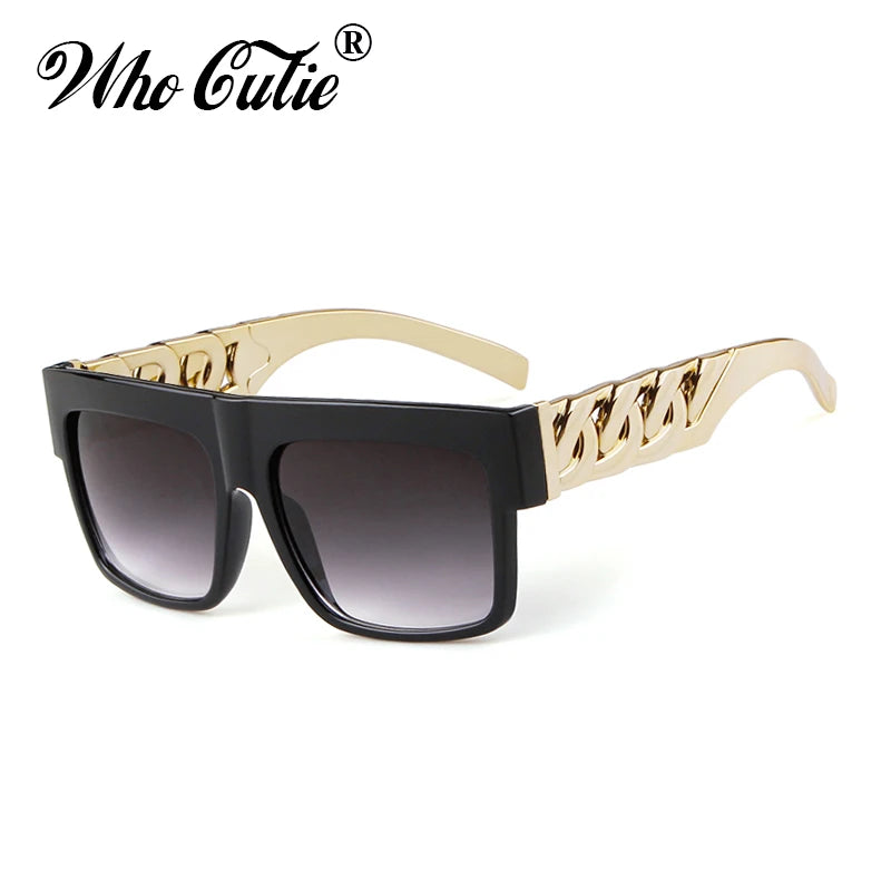 2025 Oversized Hip Hop Sunglasses Men Women Brand Design Flat Top Retro Square Black Sun Glasses Gold Plastic Chain Frame OM725