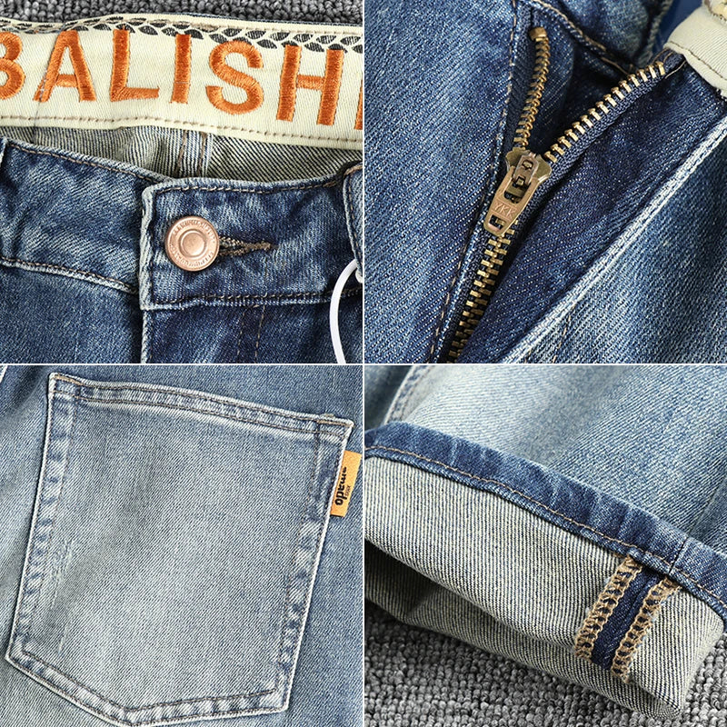 13oz Embroidery Light Blue Washed Denim Jeans for Men 2025 Spring Fashion Fit Straight Pants Clothes Youth Male Casual Trousers