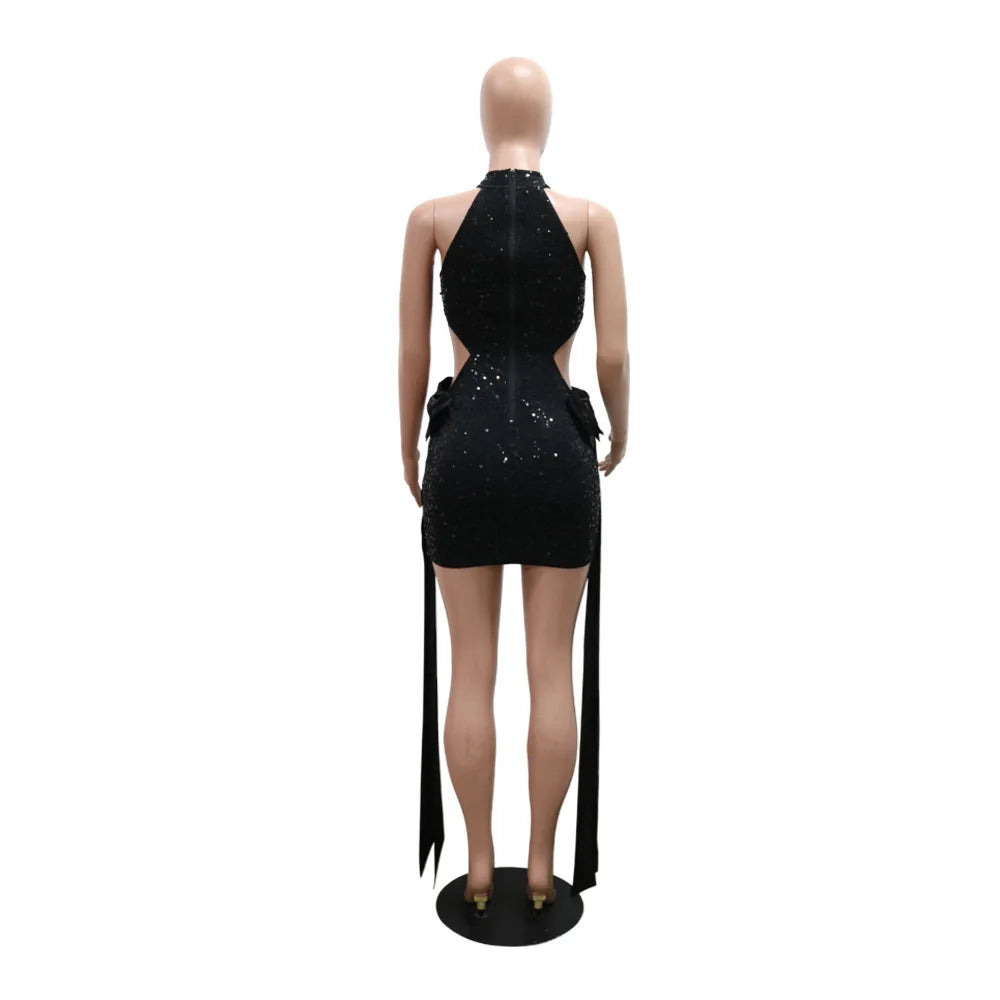 FAGADOER Bow Patchwork Bodycon Birthday Party Mini Sequined Dress Black Sexy Side Hollow Halter Tassel Night Clubwear 2024 New