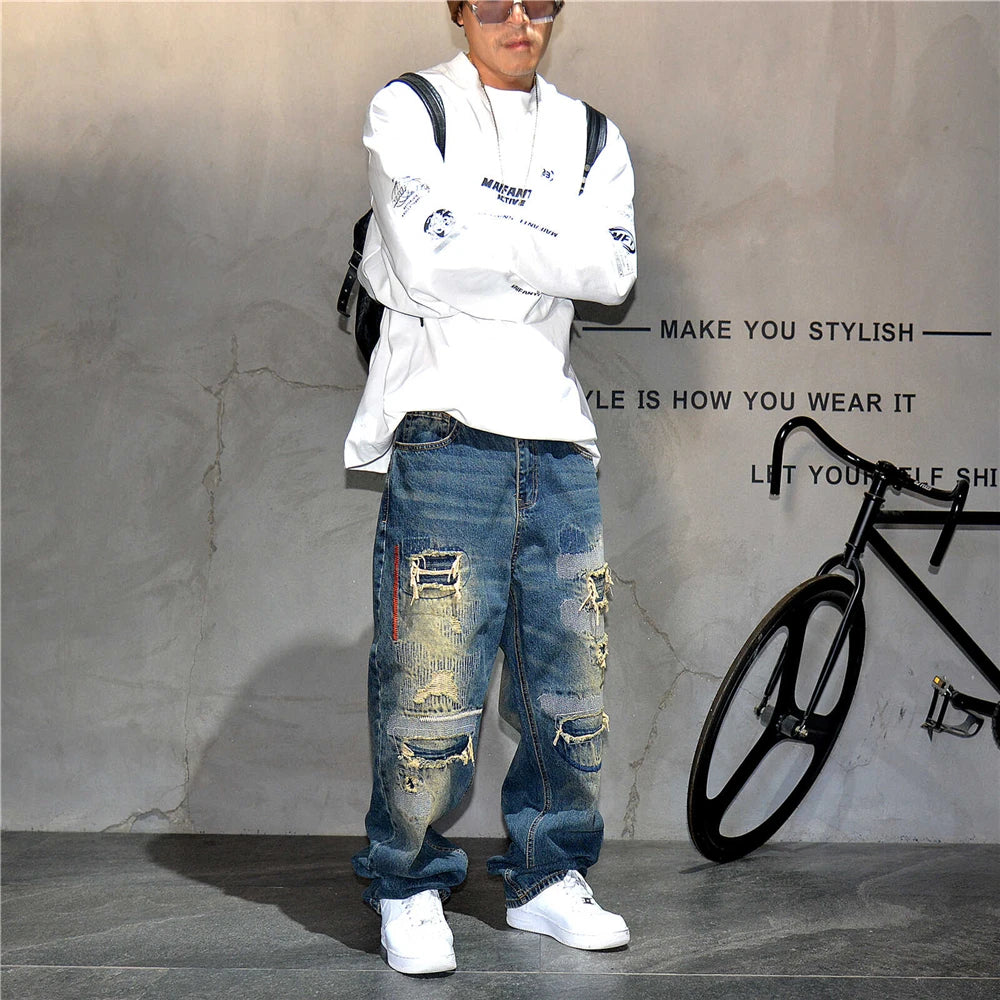 American Streetwear Ripped Patch Jeans Hip Hop Baggy Jeans Mens Clothing Vintage Denim Cargo Pants Japanese Harajuku Trousers