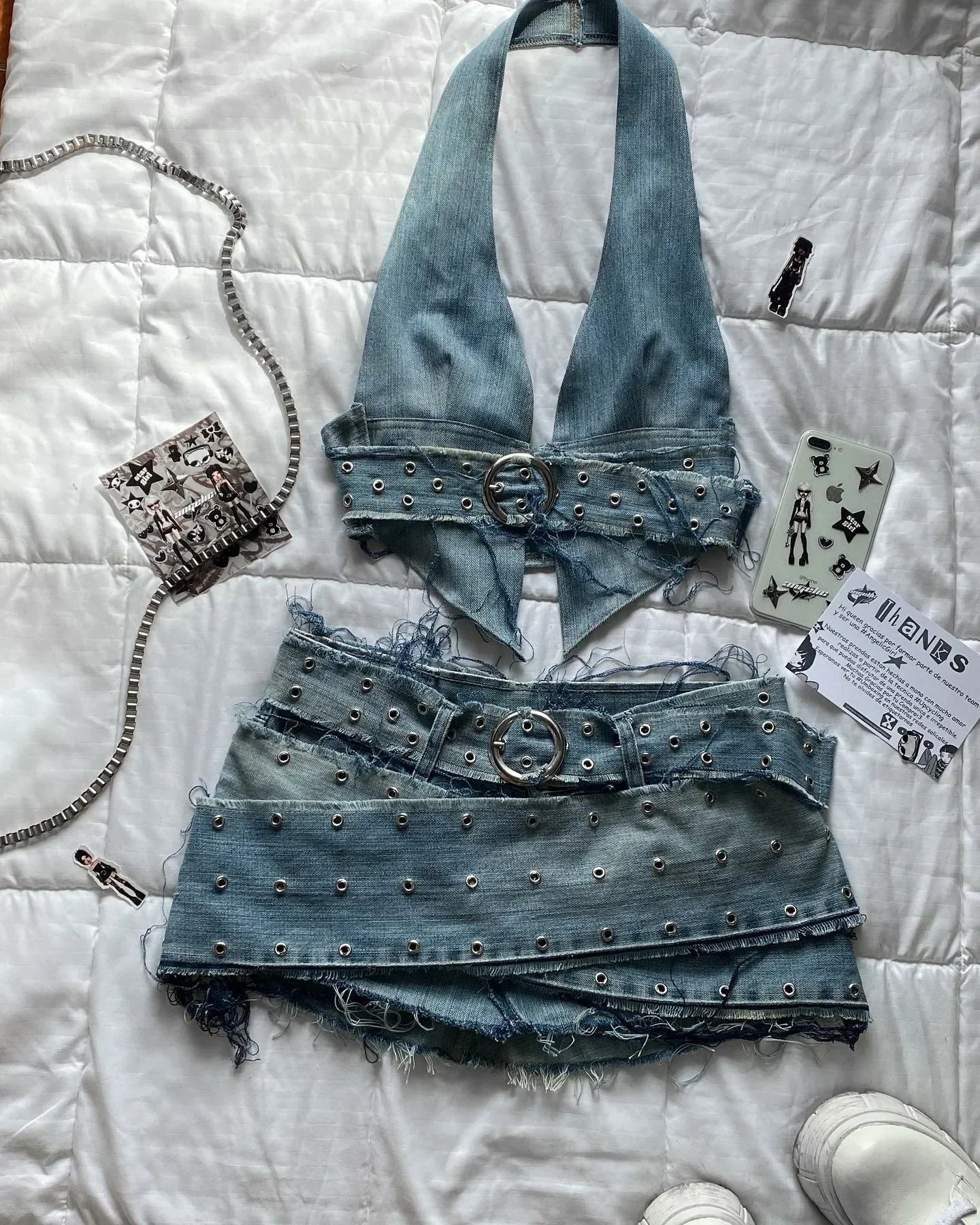 Harajuku New Y2k Two Piece Sets Womens Outifits Pink Leather Denim Splicing Zipper Jacket Skirt Sets Pleated Skirts Streetwear