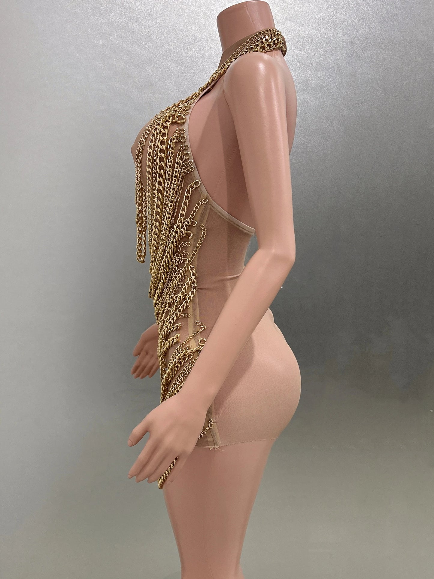 Gold Luxury Chains Khaki Sexy See-Through Sheath Mini Dress Evening Party Performance Costume Bar Nightclub Singer Stage Wear