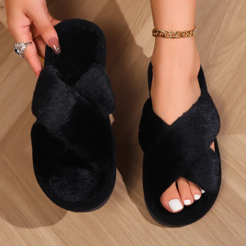 Cross Warm Fluffy Furry Lightweight Slippers For Women