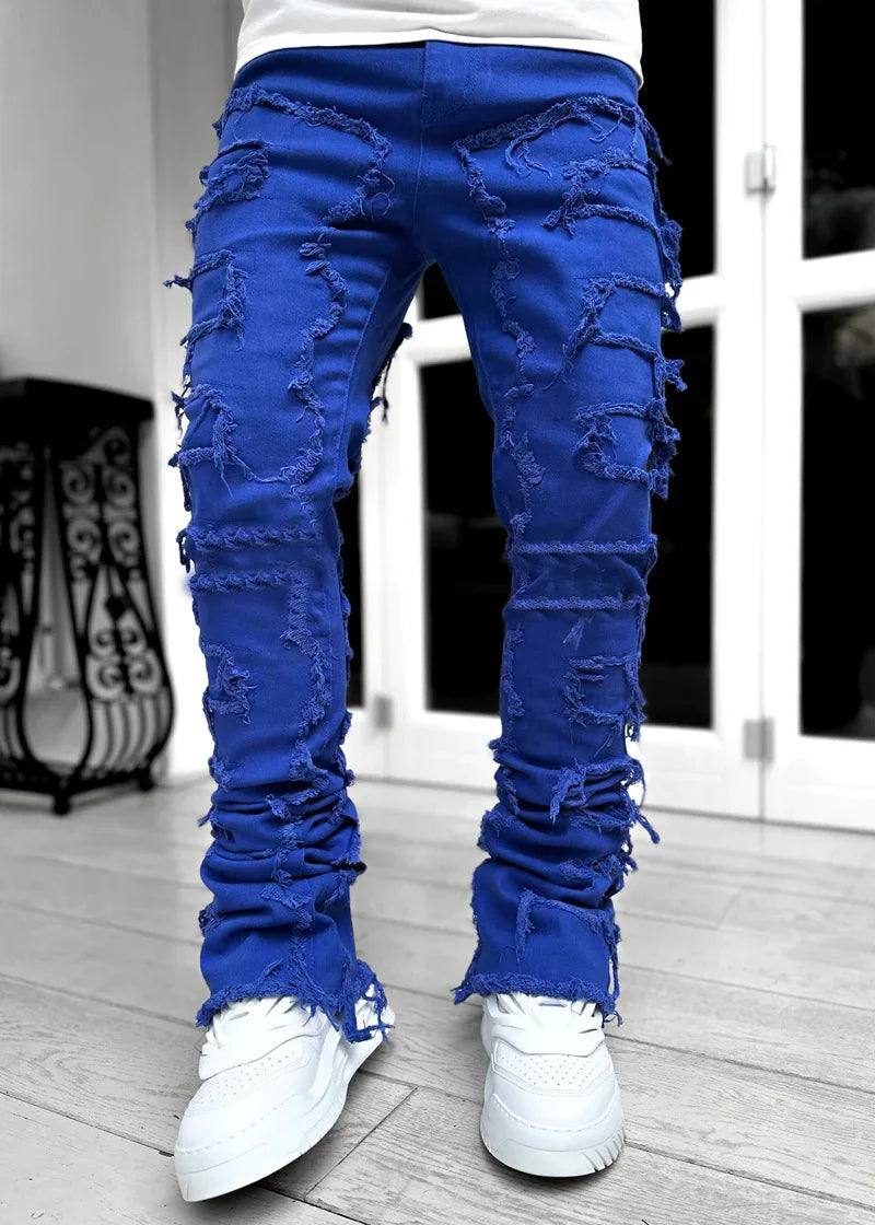 New Fashion Stretch Jeans Man Stacked Jeans Elastic Waist Straight Fit Patchworks Denim Long Pants Fringe Ripped Jeans For Men