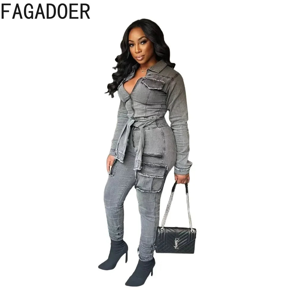 FAGADOER Retro Grey Denim Jumpsuits Women Cargo Pockets Zip Bodycon Jeans Stretchy Quality Overalls Streetwear Autumn New