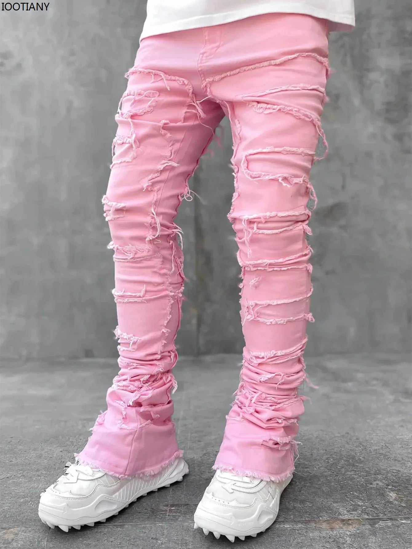 New Fashion Stretch Jeans Man Stacked Jeans Elastic Waist Straight Fit Patchworks Denim Long Pants Fringe Ripped Jeans For Men