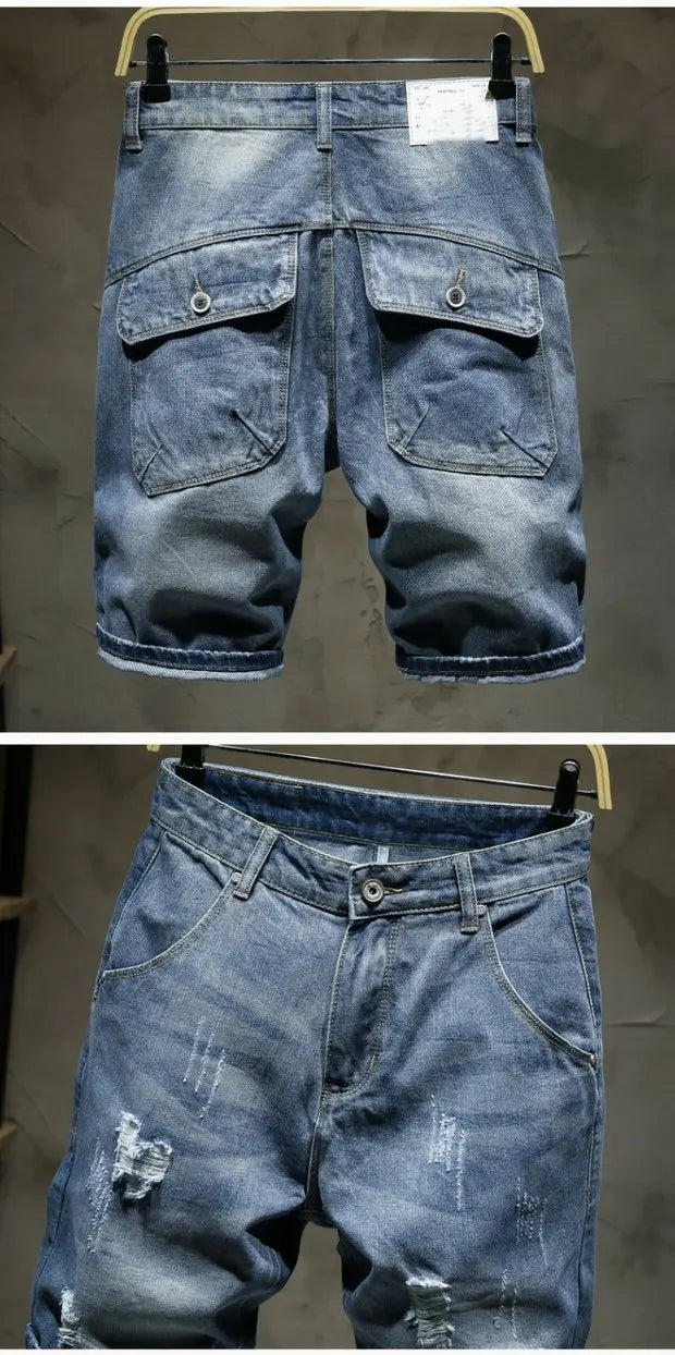 Summer 2025 Light Blue Ripped Cat Whisker Patch Letter Print Slim Denim Shorts Teenagers Jeans Boys and Girls Cowboy Short Pants