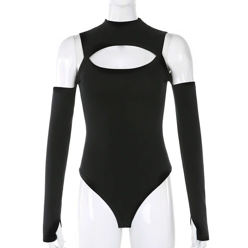 Women's Sexy Hollow Bodysuit Long Sleeved Off-Shoulder Tops Solid Color Fashion Half High Collar Jumpsuit