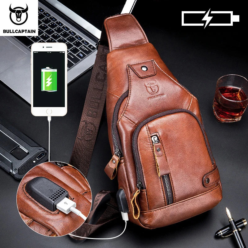 Bullcaptain Men's Leather Chest Bag