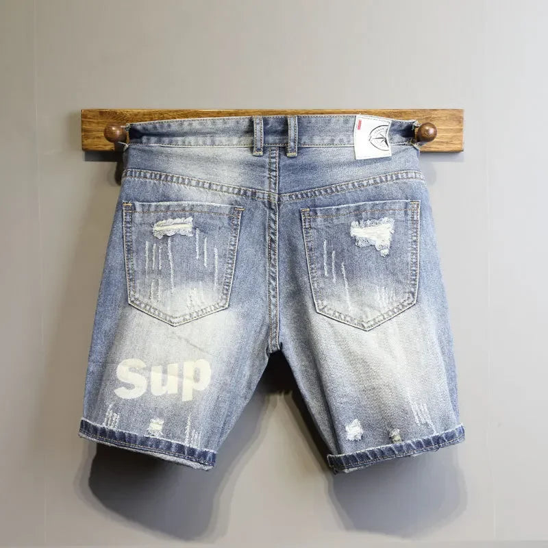 Summer 2025 Light Blue Ripped Cat Whisker Patch Letter Print Slim Denim Shorts Teenagers Jeans Boys and Girls Cowboy Short Pants