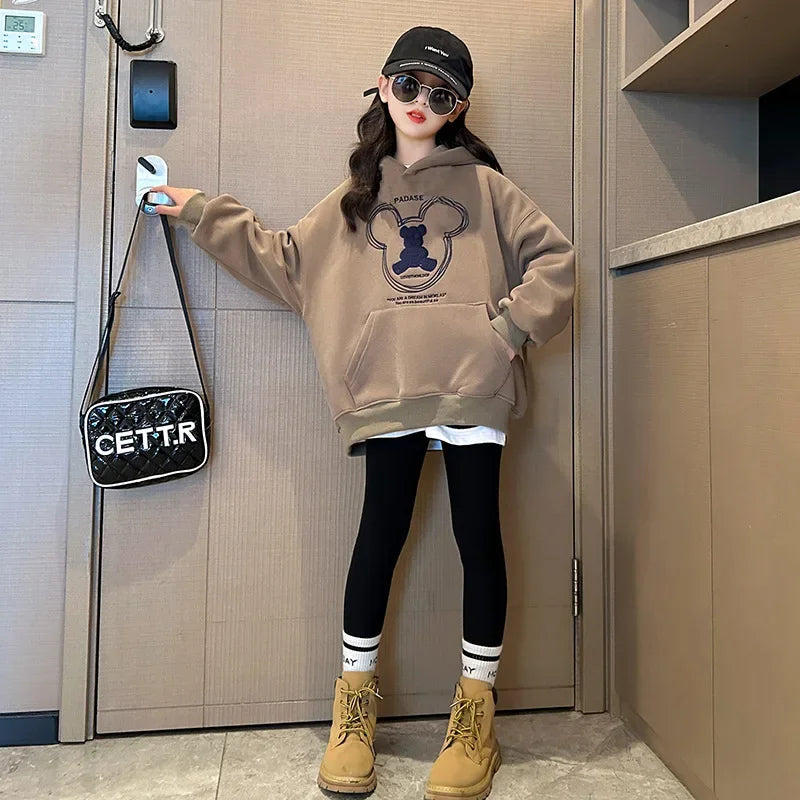 2025 girls clothes autumn winter sweatshirt bear t-shirt hooded + stretch pants leggings teens children set 8 9 10 11 12 year