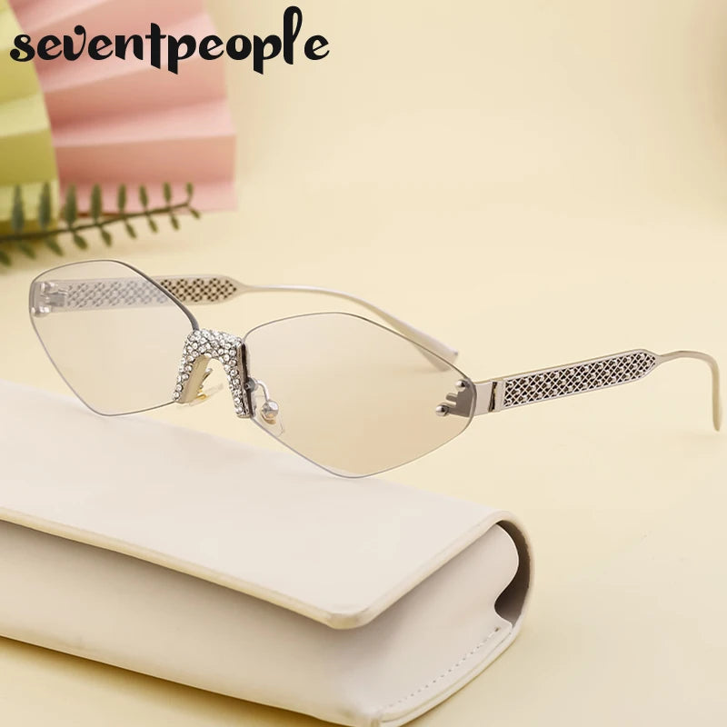 Small Metal Frame Hexagon Rimless Sunglasses Women 2025 Luxury Brand Design Polygon Sun Glasses For Ladies Retro Eyewear Shades