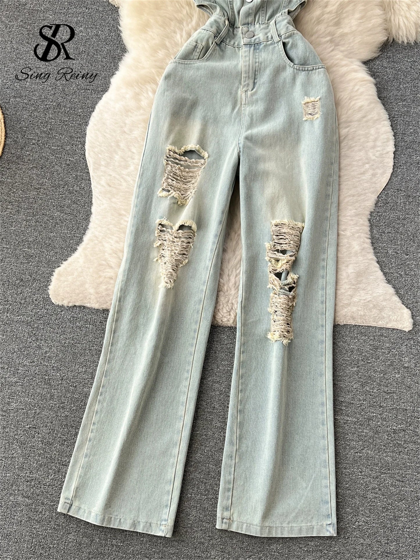 SINGREINY American Retro Streetwear Denim Jumpsuits Zipper Pocket High Waist Wide Legs Ripped Pants Summer Women Slim Rompers