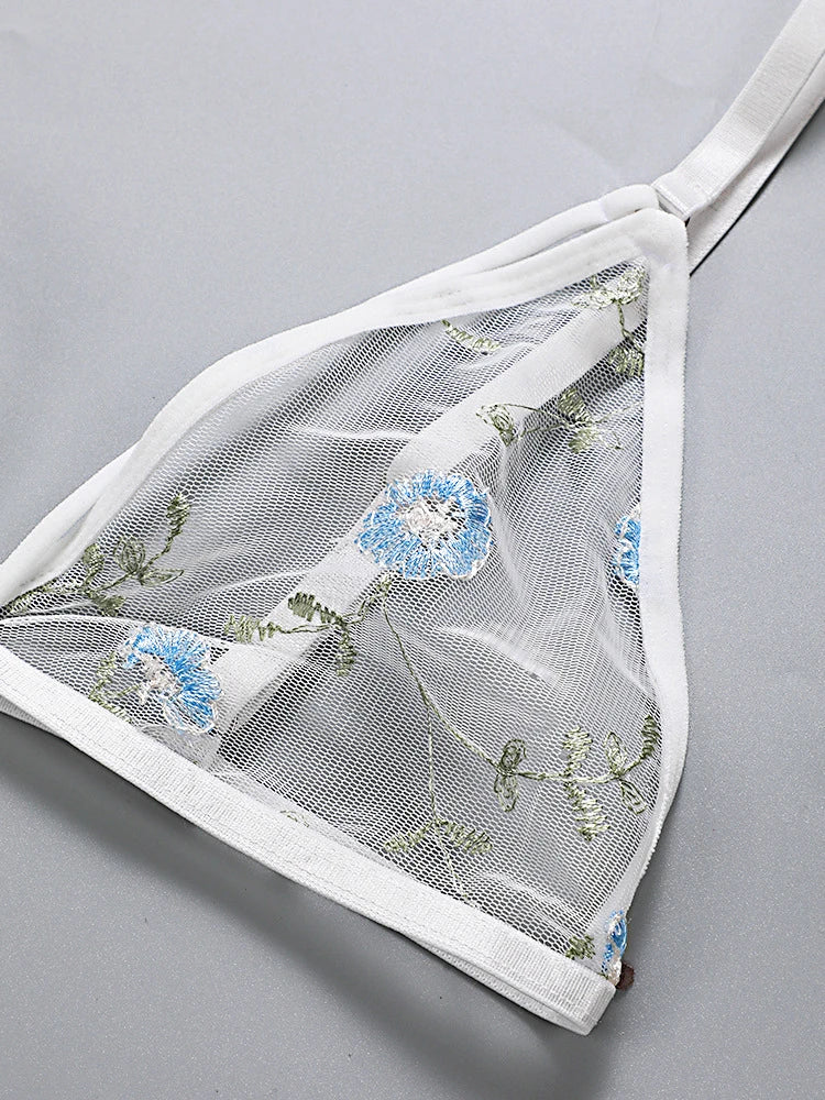 Women Lingerie Sets Underwear Embroidery Flower Lace Bra Thong Lingerie Set Thongs Mesh Translucent Ultrathin Underwear Lingerie