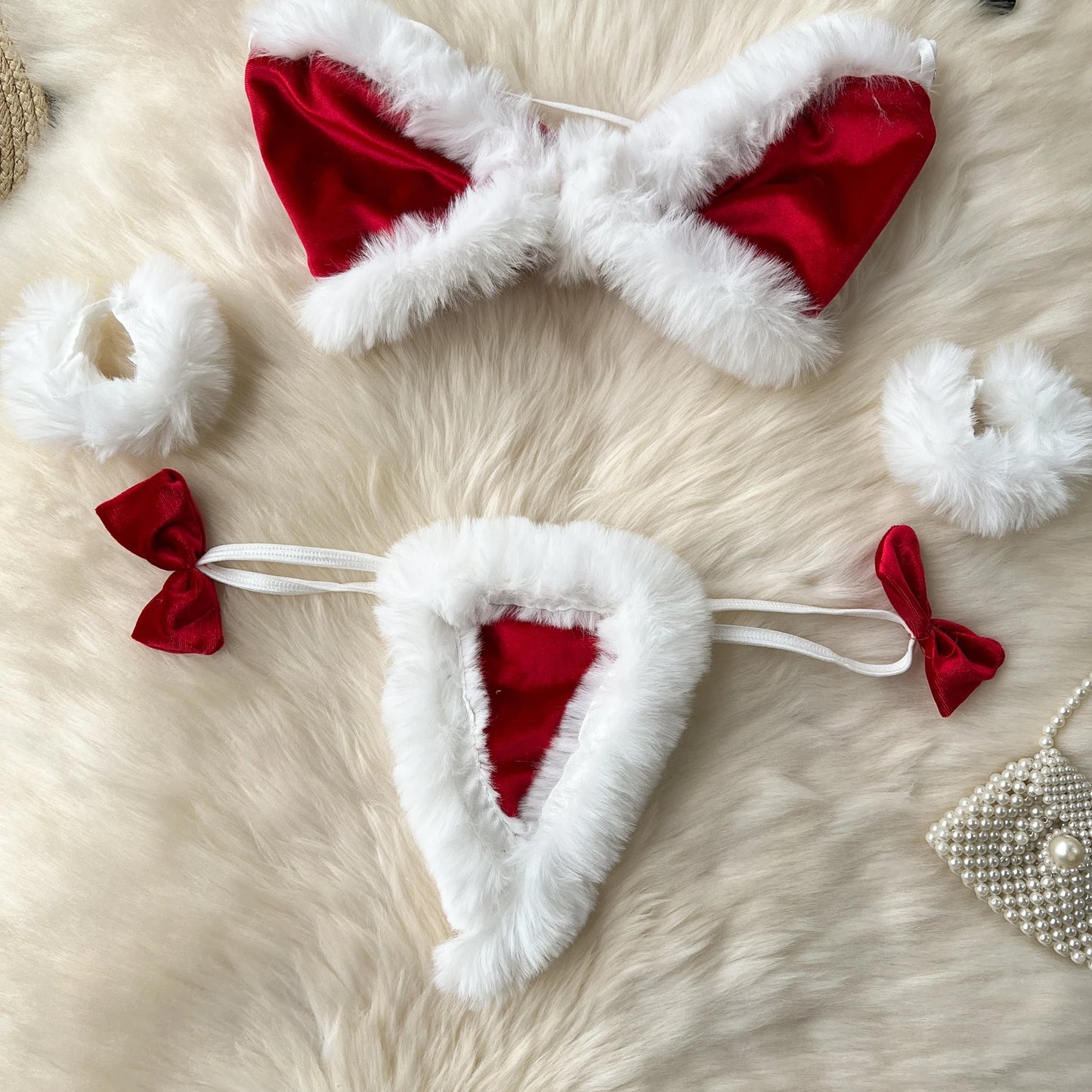 Women Sexy Christmas Velour Bra Brief Suits Fashion Intimate Lingerie 5 Piece Erotic Bras Thongs Outfits Underwear Sets 2025