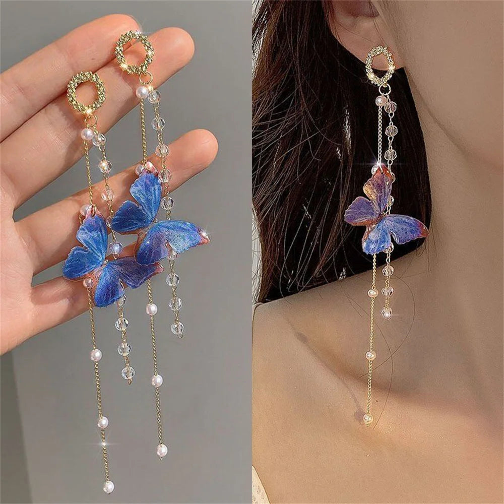 New Luxury Women Zircon Crystal Pearls Long Tassel Butterfly Earrings
