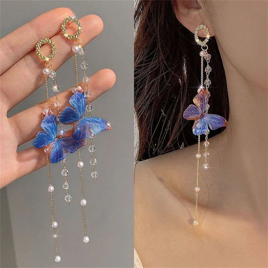 New Luxury Women Zircon Crystal Pearls Long Tassel Butterfly Earrings