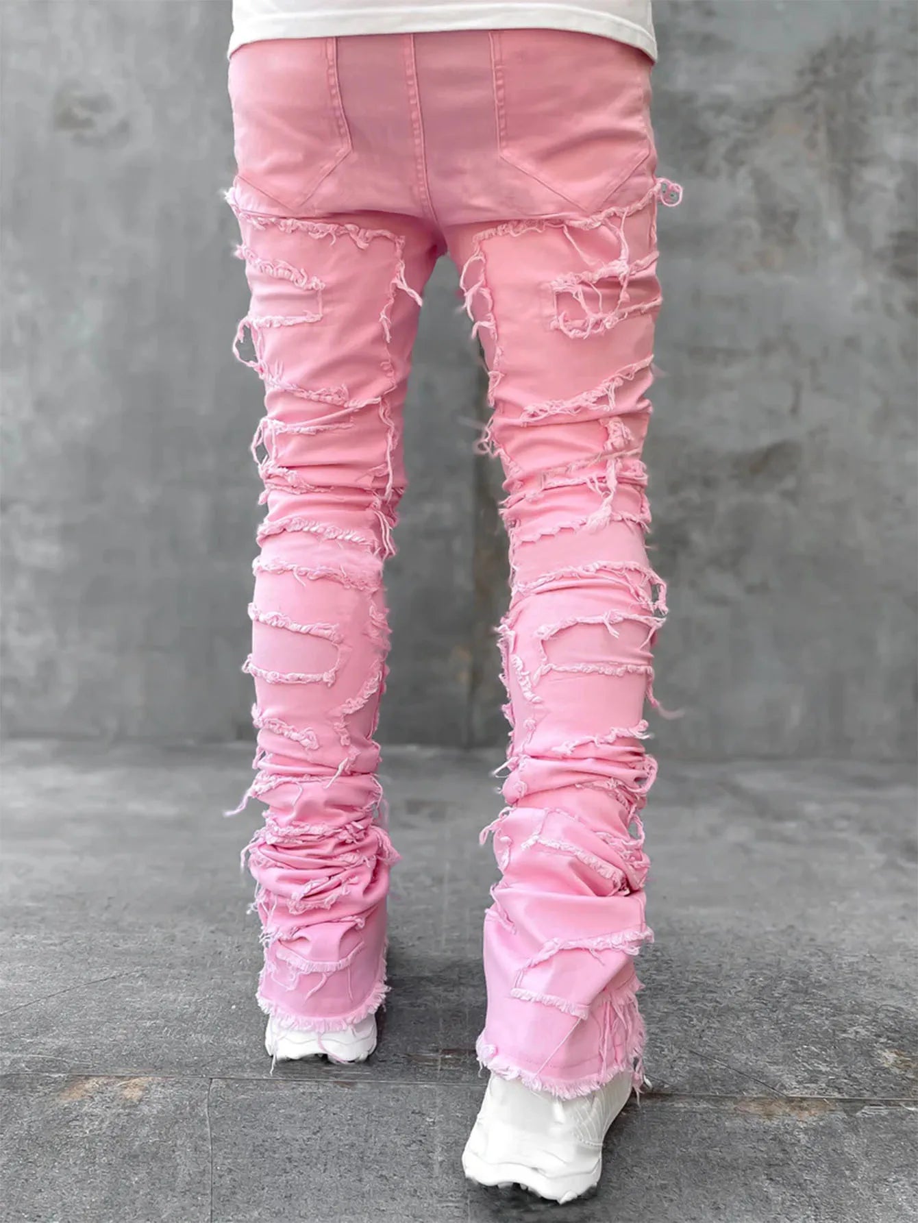 2024 Spring Summer New Men's Clothing Fashion Solid Color Elastic Patch Denim Straight-Leg Pants Jeans