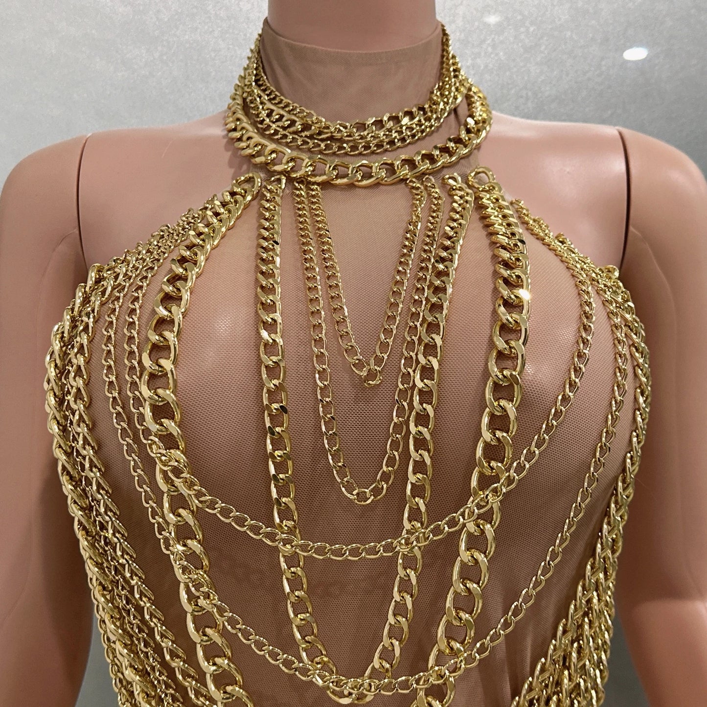 Gold Luxury Chains Khaki Sexy See-Through Sheath Mini Dress Evening Party Performance Costume Bar Nightclub Singer Stage Wear