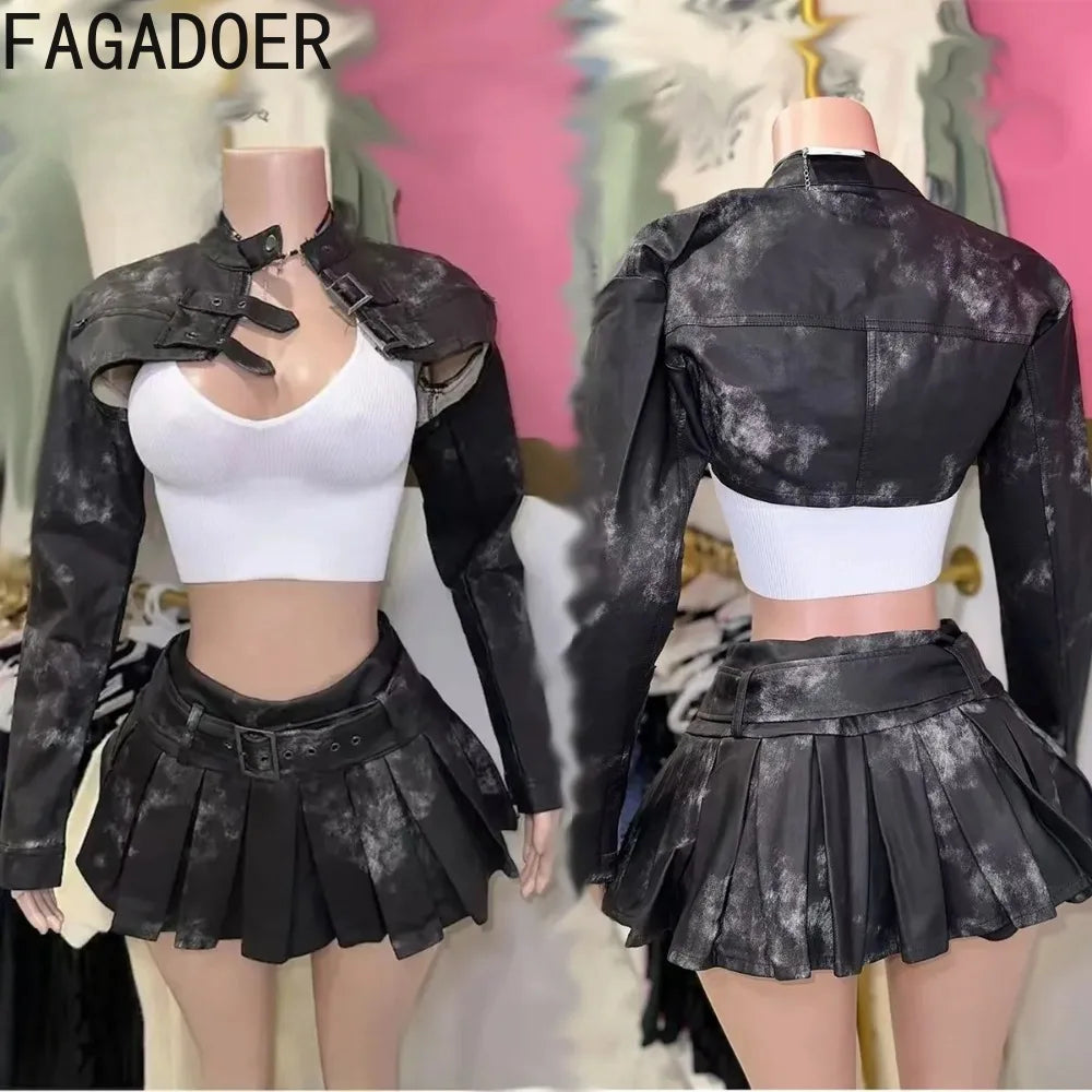 FAGADOER Punk Gothic Leather Two Piece Set for Women Long Sleeves Crop Jacket + Pleated Skirt Suits Fashion Streetwear 2025 New