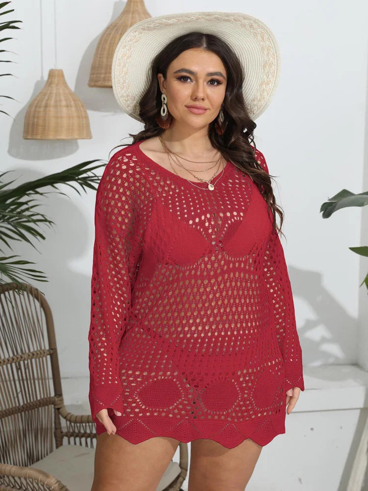 GIBSIE Plus Size 2023 Bikini Cover Up For Women Summer Sexy See Through Hollow Out Long Sleeve Holiday Knitted Beach Tunic Dress