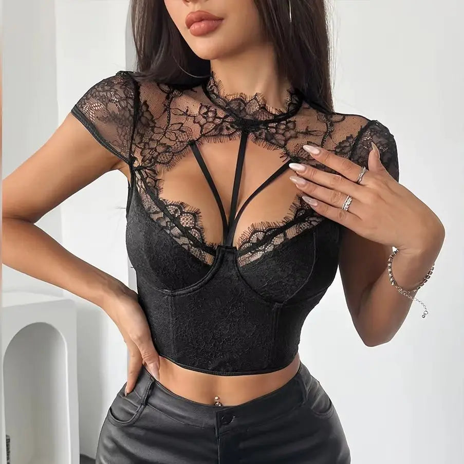 Fashion Black Lack Mesh Crop Tops Elegant Women Camisole 2025 Summer Fit Tank Top Sexy Lingerie Go Out Wear Corset Woman Clothes