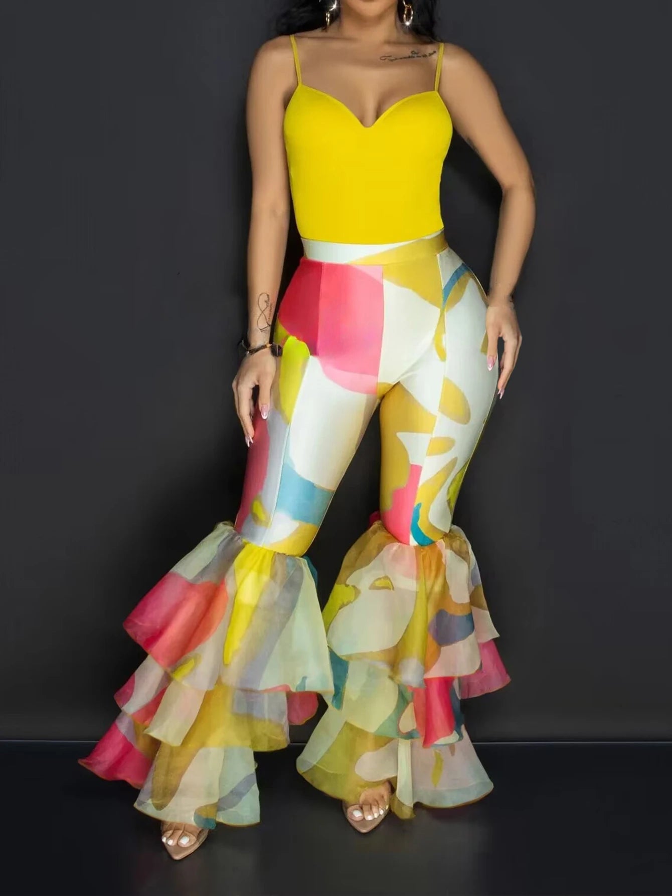 2115European and American women's fashion slim sexy ruffled mesh patchwork printed pants
