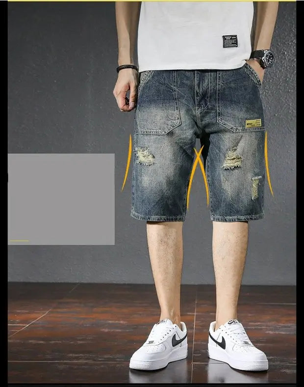 Summer 2025 Light Blue Ripped Cat Whisker Patch Letter Print Slim Denim Shorts Teenagers Jeans Boys and Girls Cowboy Short Pants