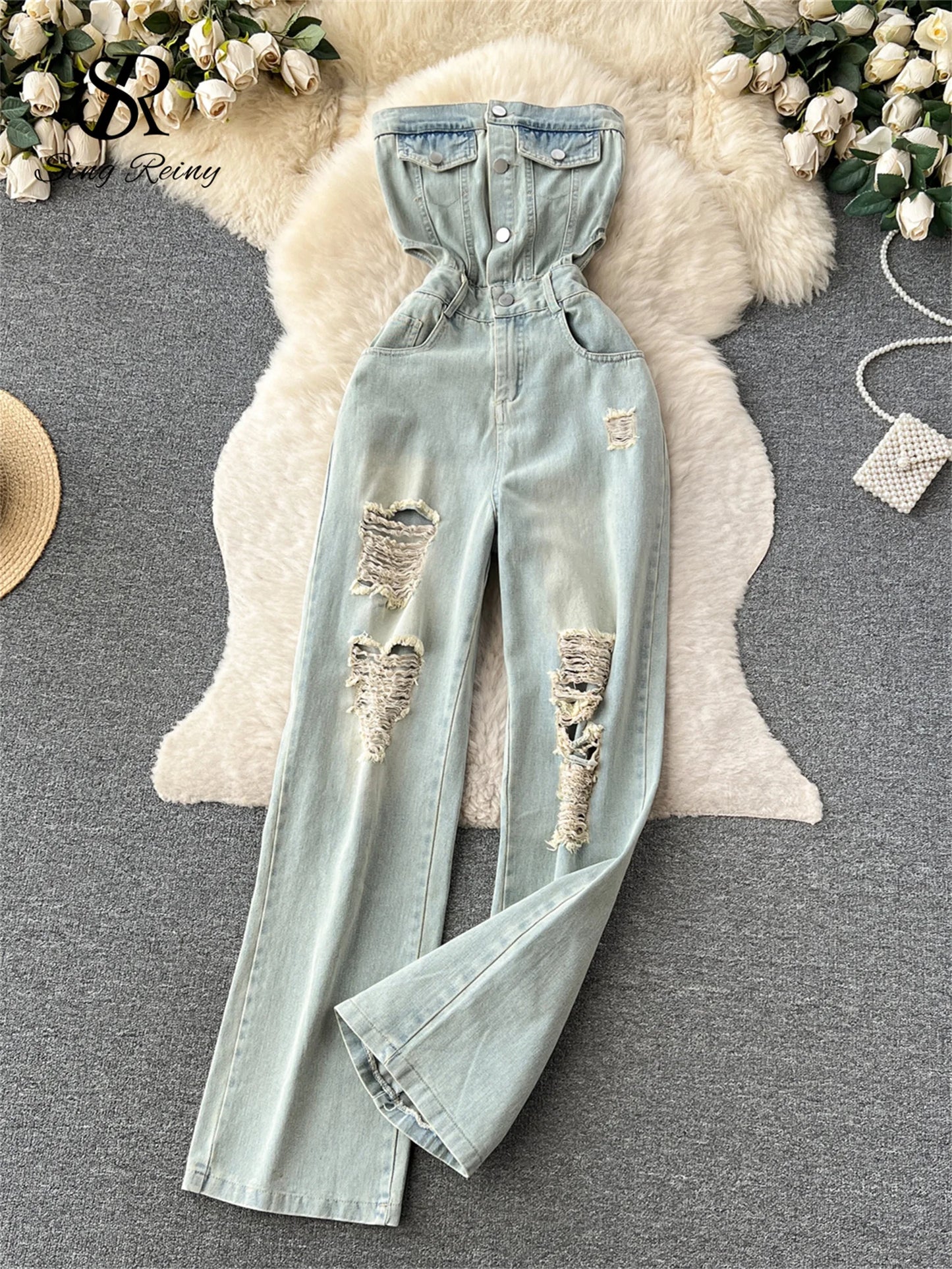 SINGREINY American Retro Streetwear Denim Jumpsuits Zipper Pocket High Waist Wide Legs Ripped Pants Summer Women Slim Rompers