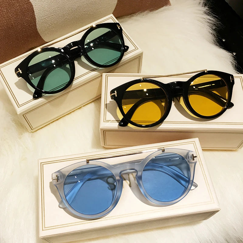 Trendy Retro Round Rivet Sunglasses Women 2025 Brand Double Bridge Shade Eyewear Colorful Lens Gray Yellow Frame Men Sun Glasses