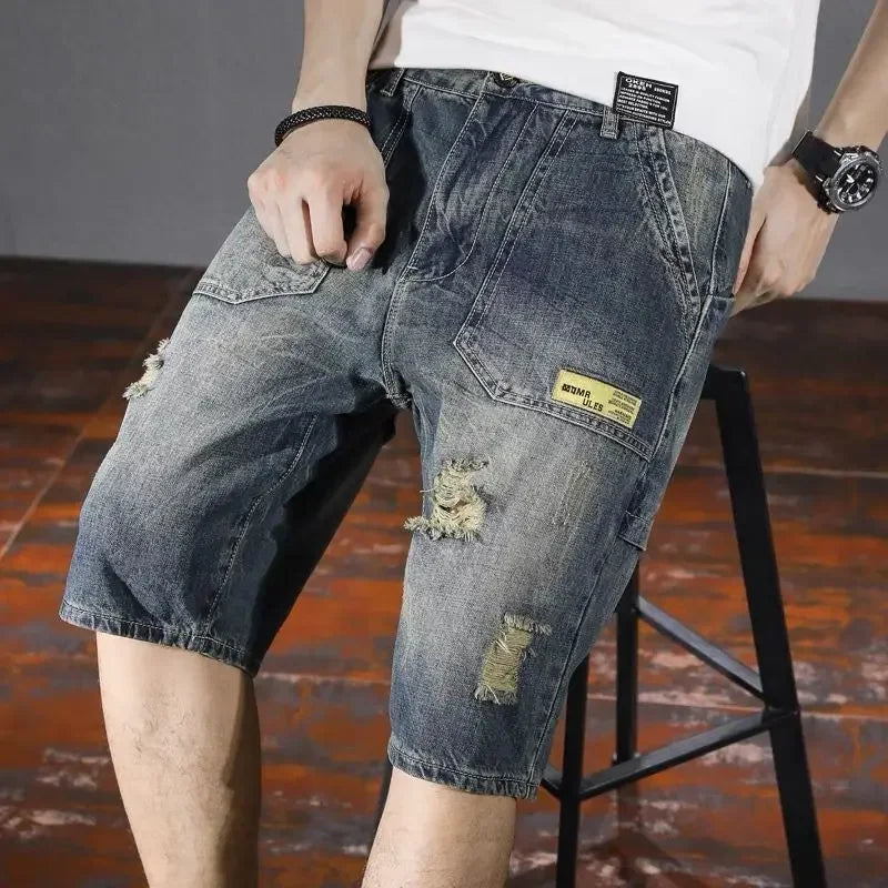 Summer 2025 Light Blue Ripped Cat Whisker Patch Letter Print Slim Denim Shorts Teenagers Jeans Boys and Girls Cowboy Short Pants