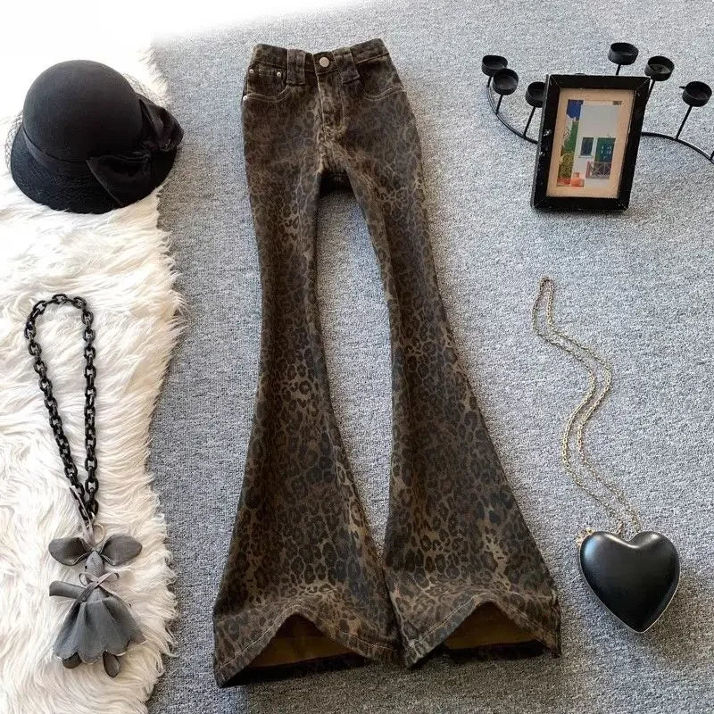 Leopard Print Flare Pants 2025 New Bottoms Pantalon Femme Slim Fit Fashion Streetwear Y2k Jeans Casual Vintage Denim Trousers