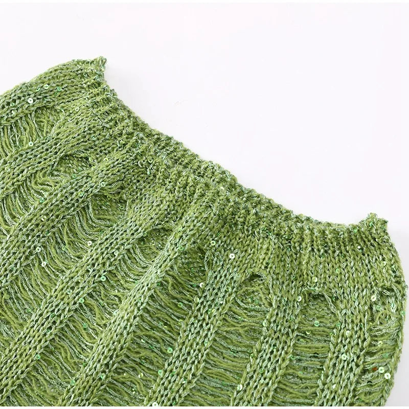 Sexy Sequined Knitted Sweater Party Dresses 3 Piece Skirt Sets Womens Outfits Flare Long Sleeve See Through Clue Wear Dress