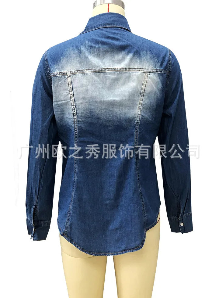 Shirt for Women Autumn Blouses Denim Single Breasted Spring Blue Casual Loose Work Shirts Slim Fit Sexy Elegant Y2k Tops 2025
