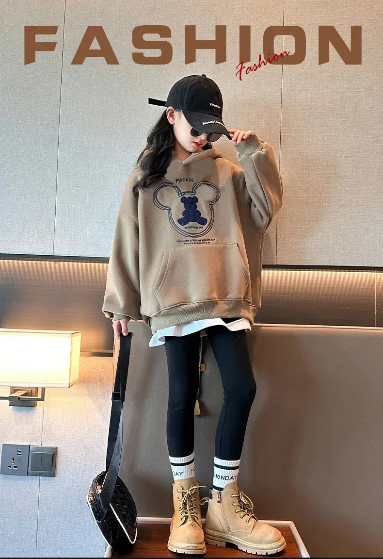 2025 girls clothes autumn winter sweatshirt bear t-shirt hooded + stretch pants leggings teens children set 8 9 10 11 12 year