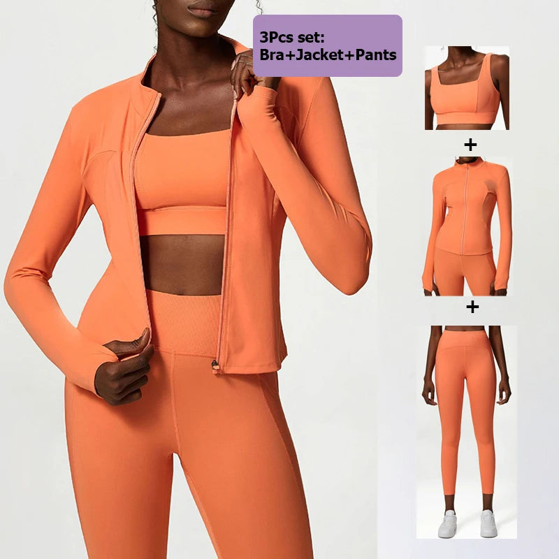 2/3 Pieces Fitness Yoga Set Women Solid Color Stretch Athletic Suit Sexy Bra Zipper Jacket High Waist Leggings Female Sportswear