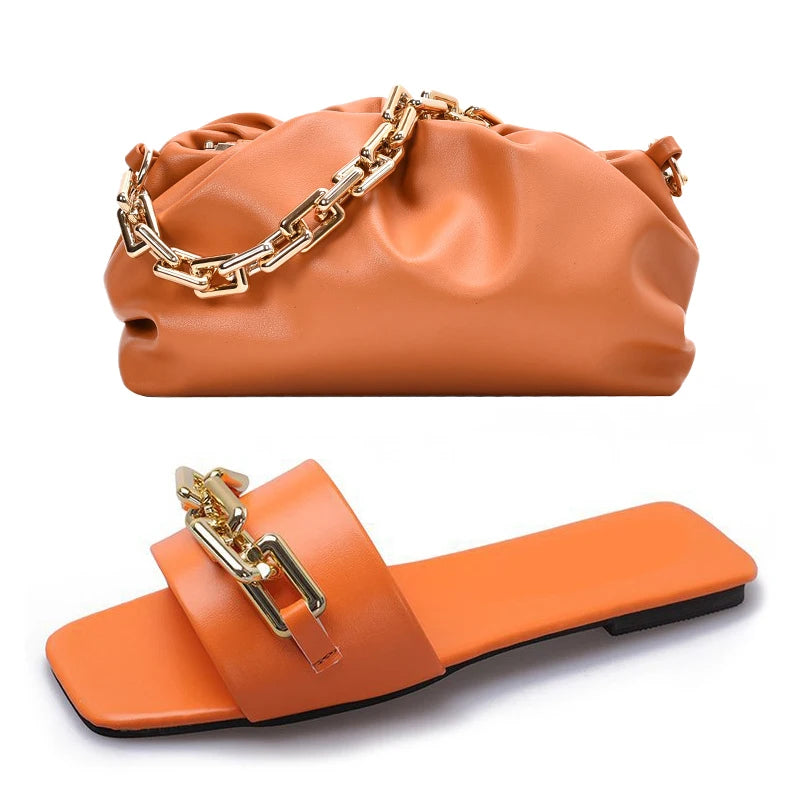 High Quality Purse And Chain Flat Sandals Sets