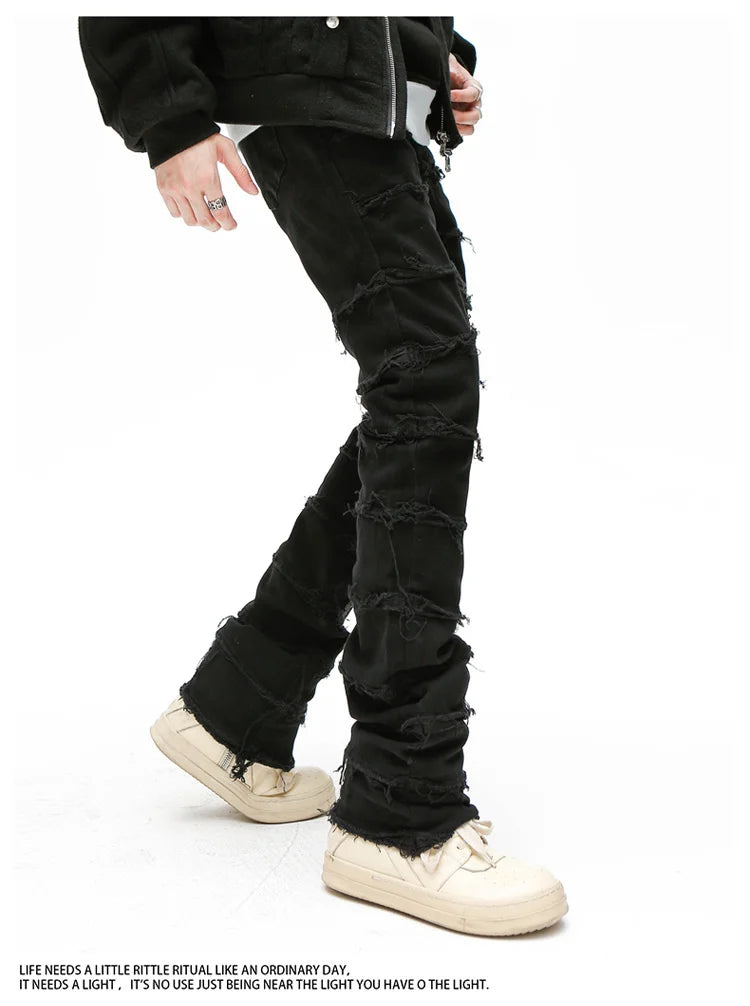 Heavy Industry Hole Frayed Destruction Waxed Jeans Mens High Street Retro Straight Ripped Pencil Pants Oversize Denim Trousers
