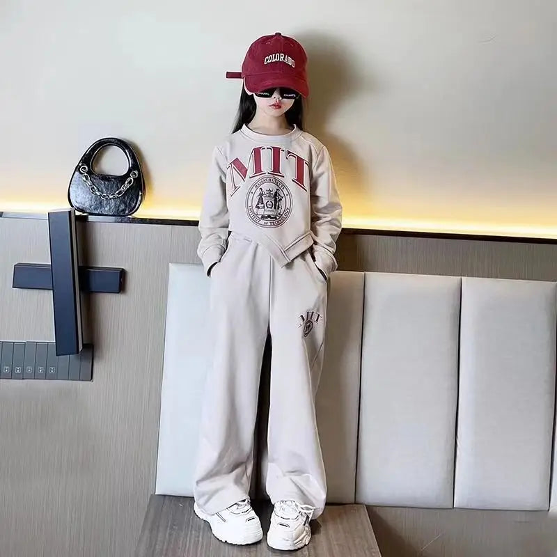 2025 autumn spring kid Girls Clothes Suit Child irregular letter sweatshirt t-shirt top and loose pant Tracksuit 4 8 10 12 year