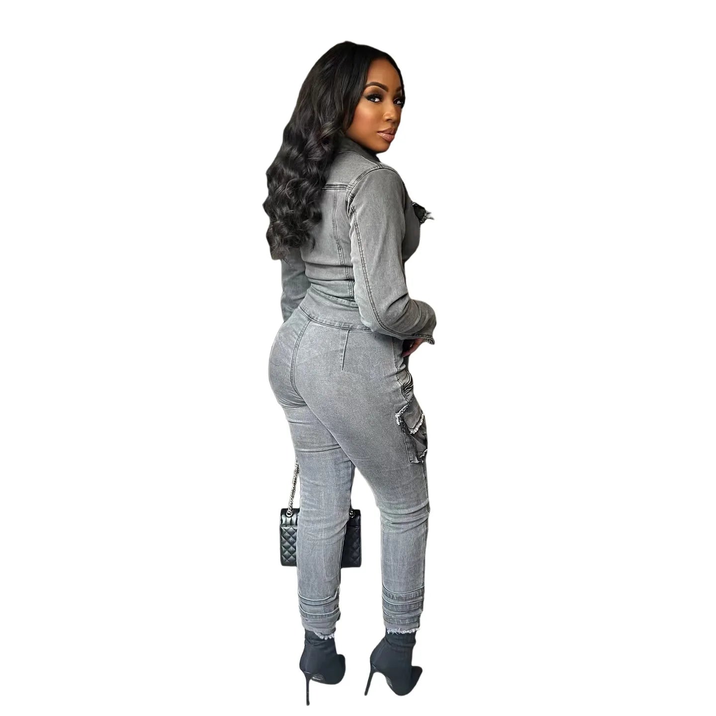 FAGADOER Retro Grey Denim Jumpsuits Women Cargo Pockets Zip Bodycon Jeans Stretchy Quality Overalls Streetwear Autumn New