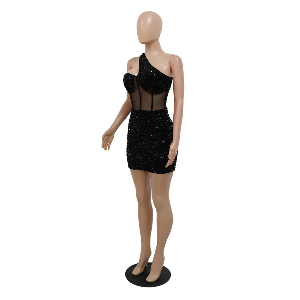2023 Summer Women Sleeveless One Shoulder Bodycon Sexy Glitter Sequined Mesh Patchwork Mini Dress For Women Birthday Party