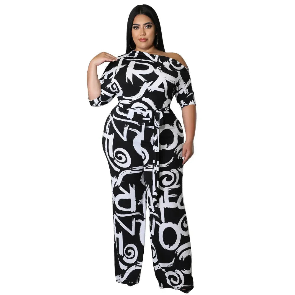 Wmstar Jumpsuit Plus Size Women Clothes Summer Printed Left Off Shoulder with Sashes Offiice Ladies Wholesale Dropshipping 2022