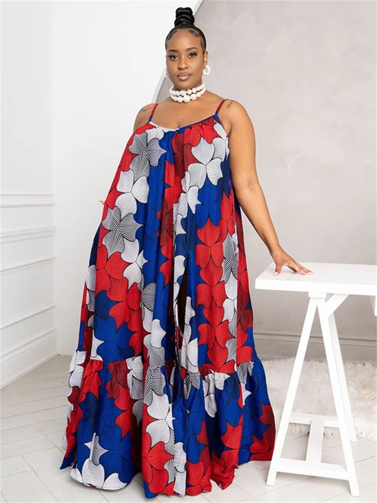 Wmstar Plus Size Dresses for Women Floral Printed Slip Loose Stretch Big Swing Maxi Dress Summer Clothes Wholesale Dropshipping