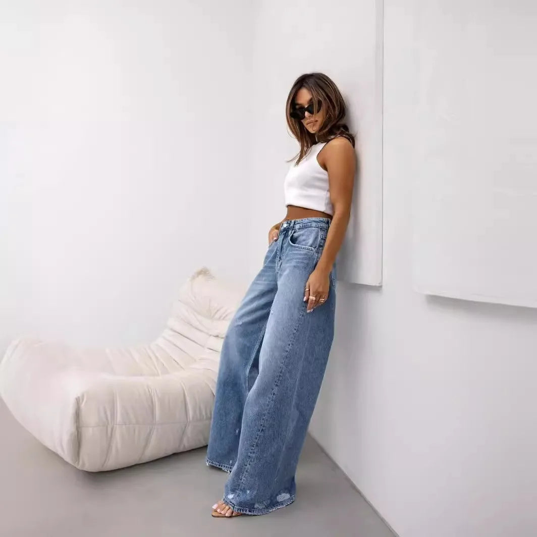 Women Denim Holes Jeans Washing Pencil Pants High Waist Zipper Mom Fly Slim Wide Leg Pockets Full Length Spring 2025 Streetwear