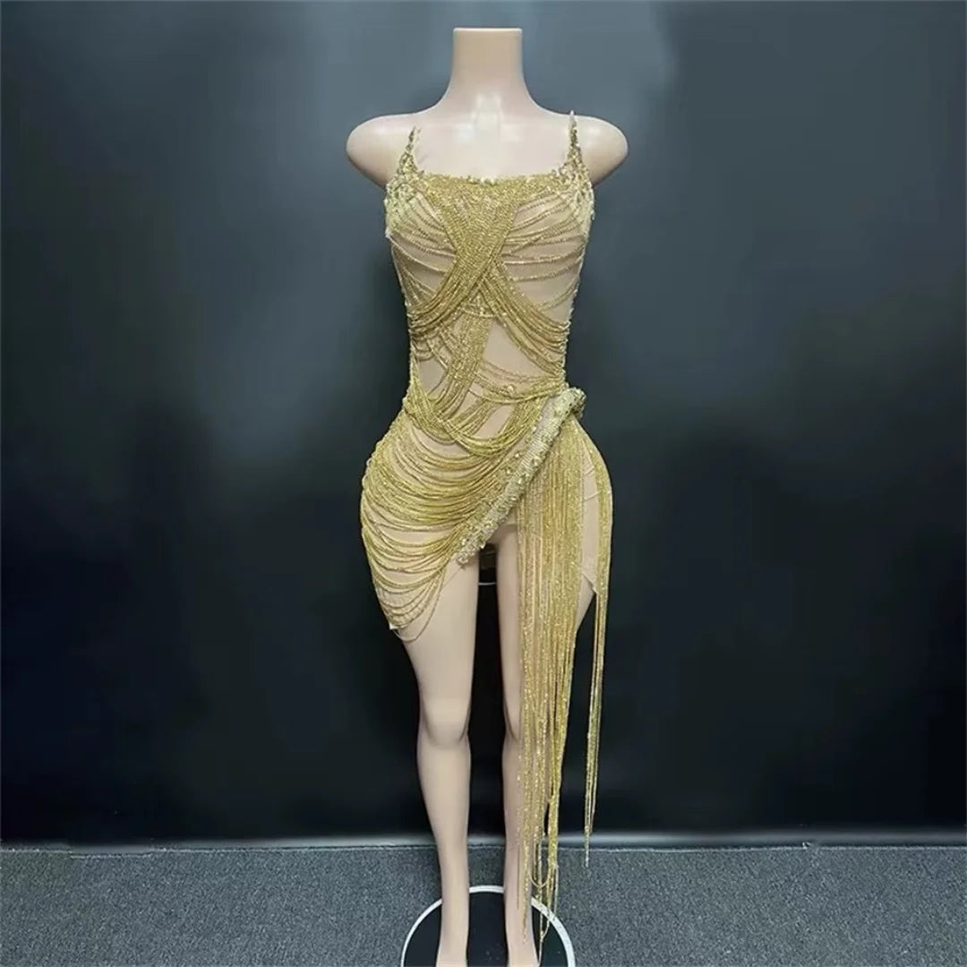 STOCK Sparkly Rhinestone Fringe Dress Women Sexy Birthday Wedding Party Prom Drag Queen Costume Outfit Stage Wear Festival
